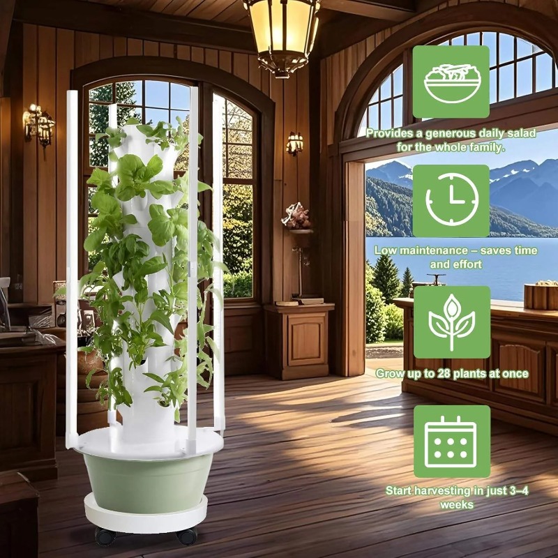 Hydroponic Tower Planter - 水耕栽培キットシステム（4つのLED育成ライト付き）、水耕栽培タワーセット、7層28ポットプランター、屋内用垂直水耕タワー