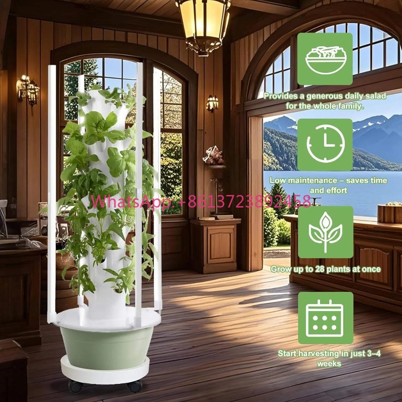 Hydroponic Tower Planter - 水耕栽培キットシステム（LED育成ライト4個、水耕栽培タワーセット、7層28ポットプランター、屋内用垂直水耕タワー付き）