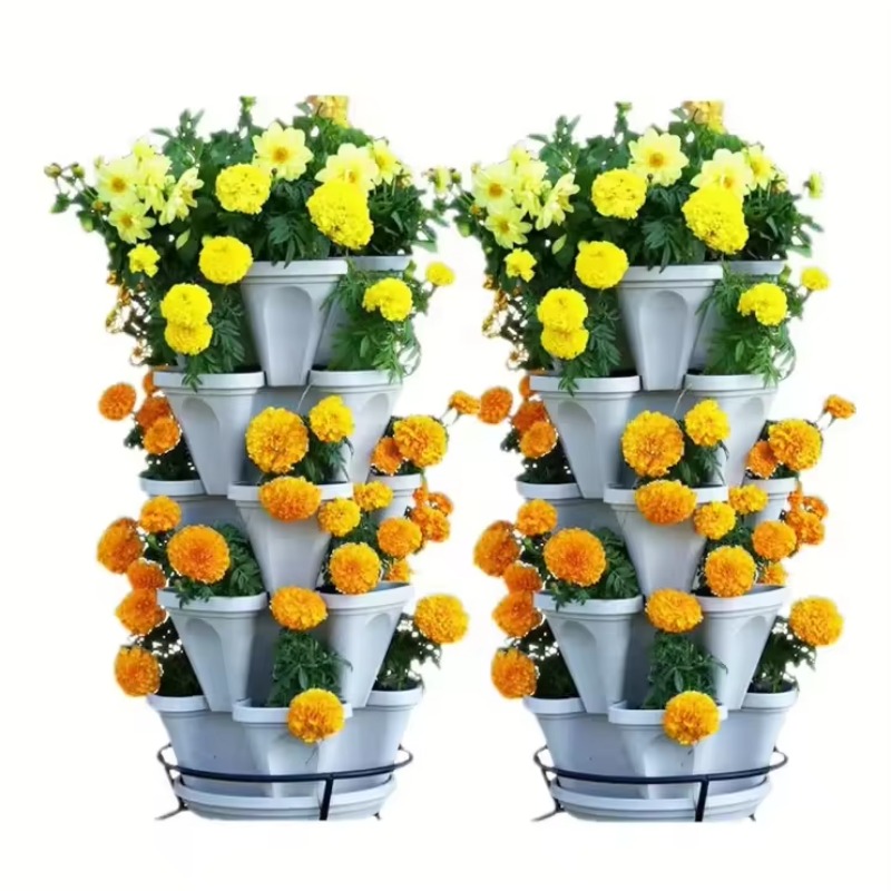 Hydroponic Tower Planter - 5段式自動給水スタッキングイチゴ栽培ポット、プラスチック製スタッカブル垂直庭園イチゴプランター、水耕栽培タワー
