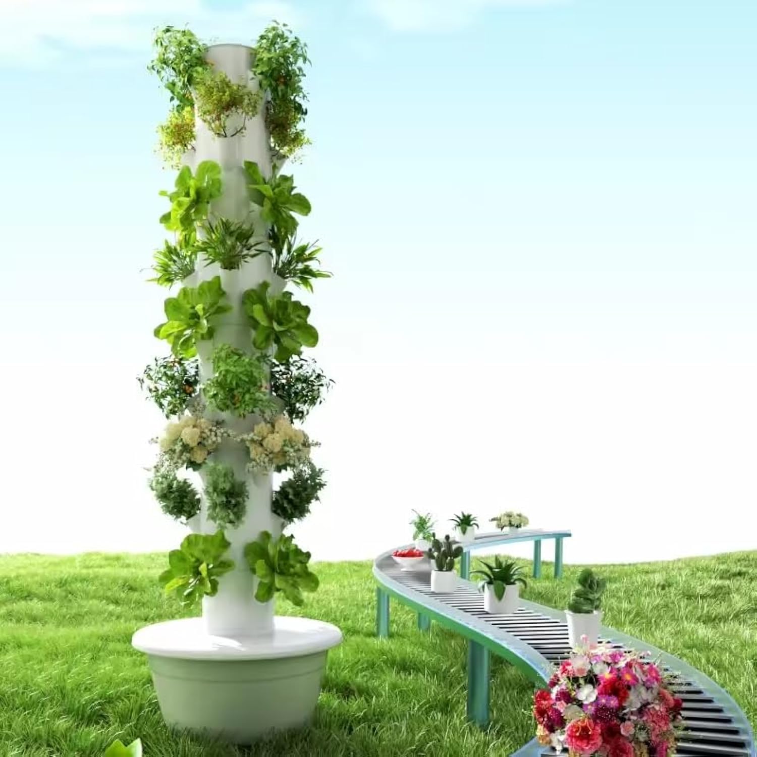 Hydroponic Tower Planter - 垂直水耕栽培タワー エアロポニックタワー 果物と野菜用 9層36ポットプランター 水槽とポンプ付き